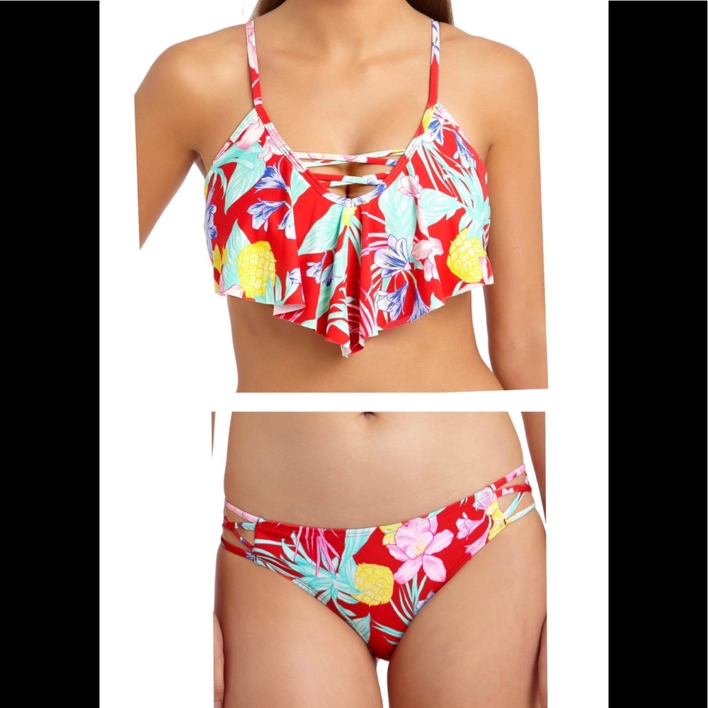 RED TROPICAL Printed Flounce Bikini Top & Bottom